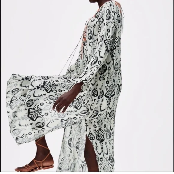 Zara Embroidered Ikat Print Midi Caftan Dress Small NWT